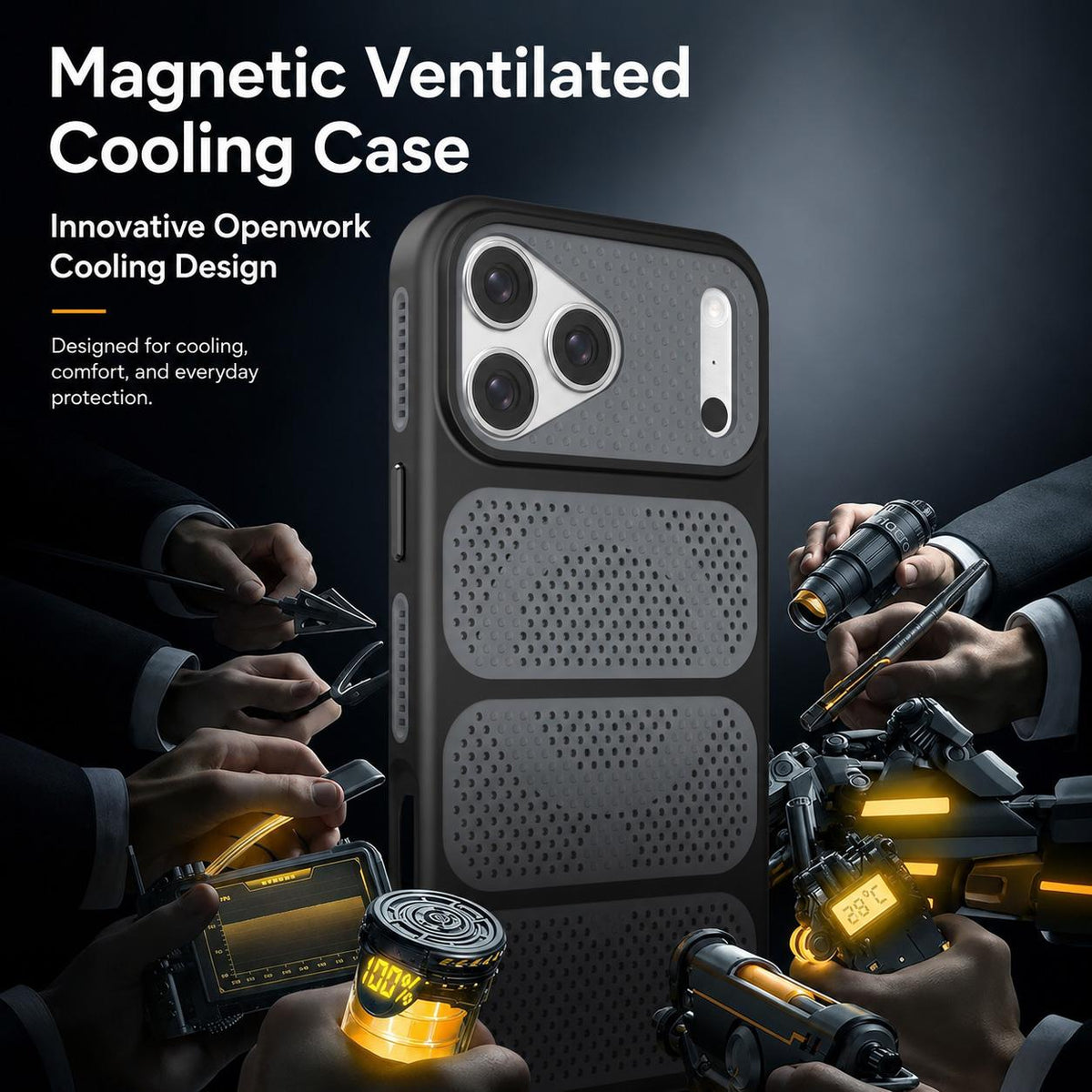 For iPhone 17 Pro Max Hollow Cooling Design Magnetic PC Hybrid TPU Phone Case - Black - EDA009749601D