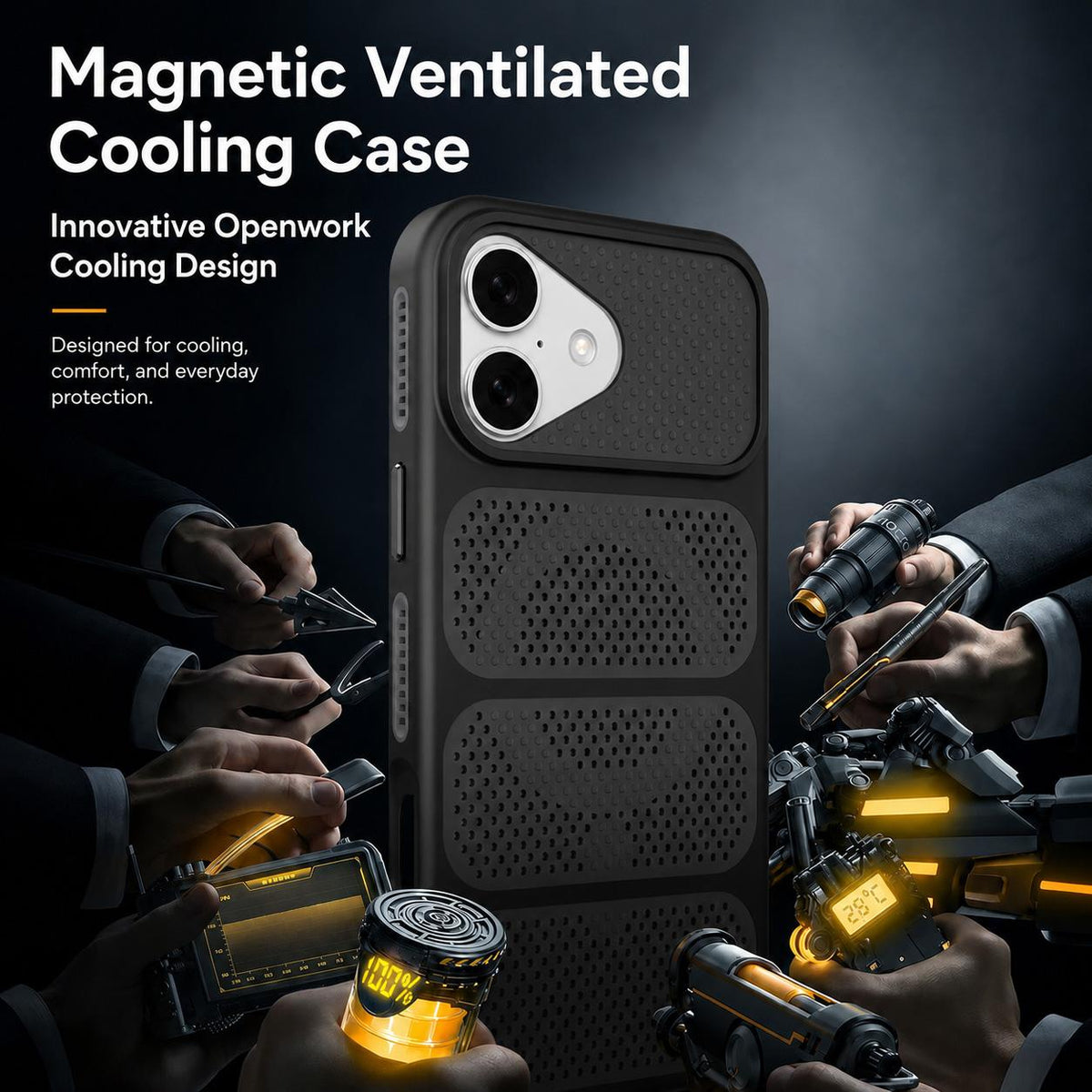 For iPhone 16 Hollow Cooling Design Magnetic PC Hybrid TPU Phone Case - Black - EDA009749607D