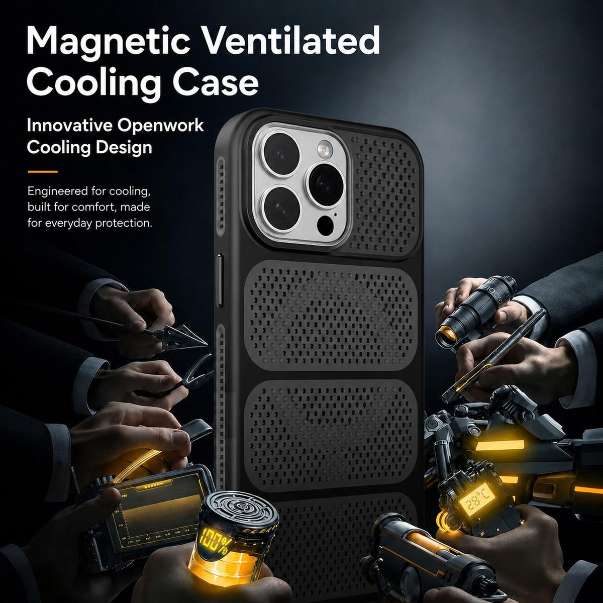 For iPhone 12 Pro Max Hollow Cooling Design Magnetic PC Hybrid TPU Phone Case - Black - EDA009749619D