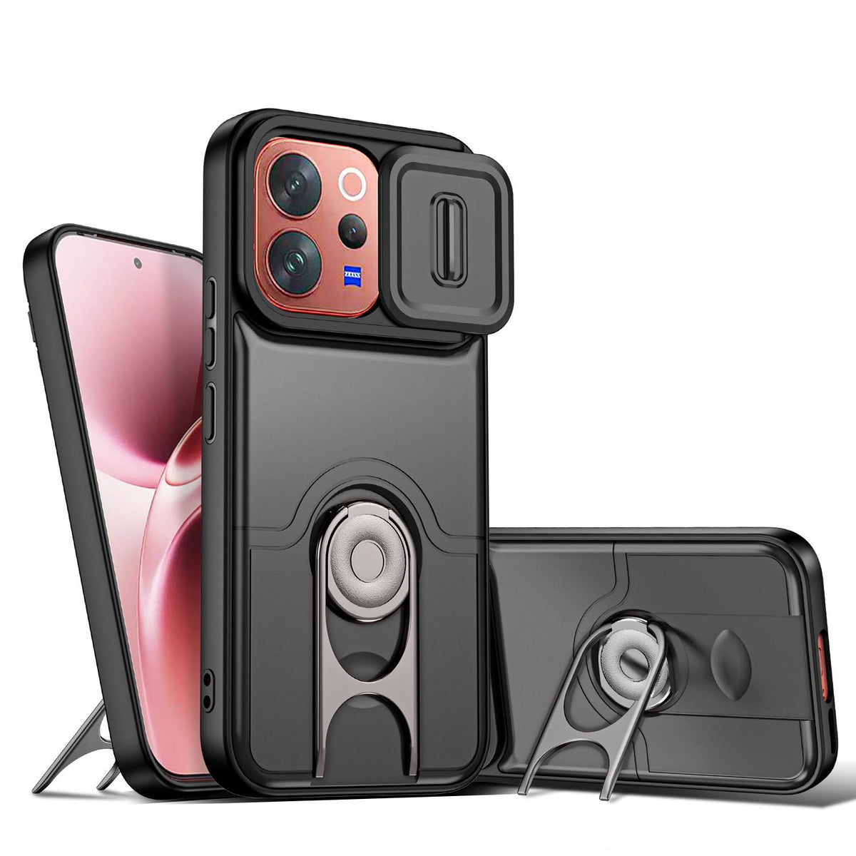 For vivo V70 5G / S50 5G Sliding Camera Cover 2 in 1 Rotating Holder Air Bag Shockproof Phone Case - Black - EDA009752601B