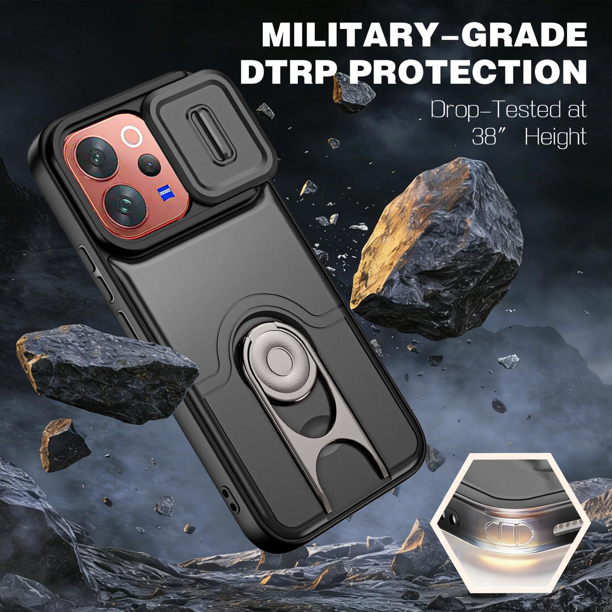 For vivo V70 5G / S50 5G Sliding Camera Cover 2 in 1 Rotating Holder Air Bag Shockproof Phone Case - Black - EDA009752601B