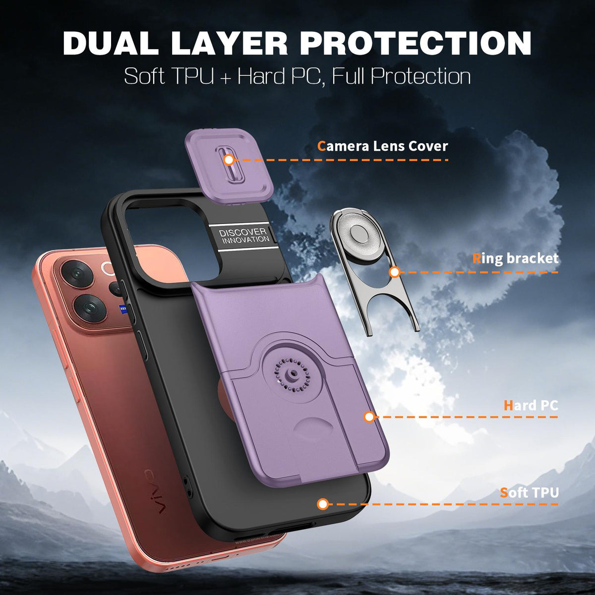 For vivo V70 5G / S50 5G Sliding Camera Cover 2 in 1 Rotating Holder Air Bag Shockproof Phone Case - Purple - EDA009752601C