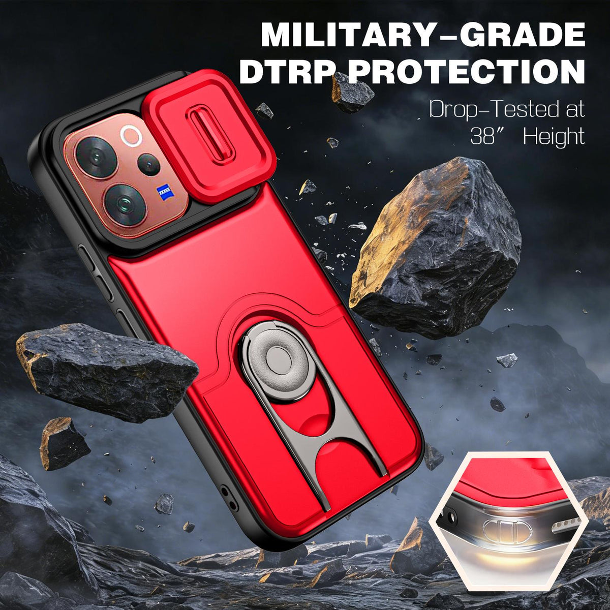 For vivo V70 5G / S50 5G Sliding Camera Cover 2 in 1 Rotating Holder Air Bag Shockproof Phone Case - Red - EDA009752601D