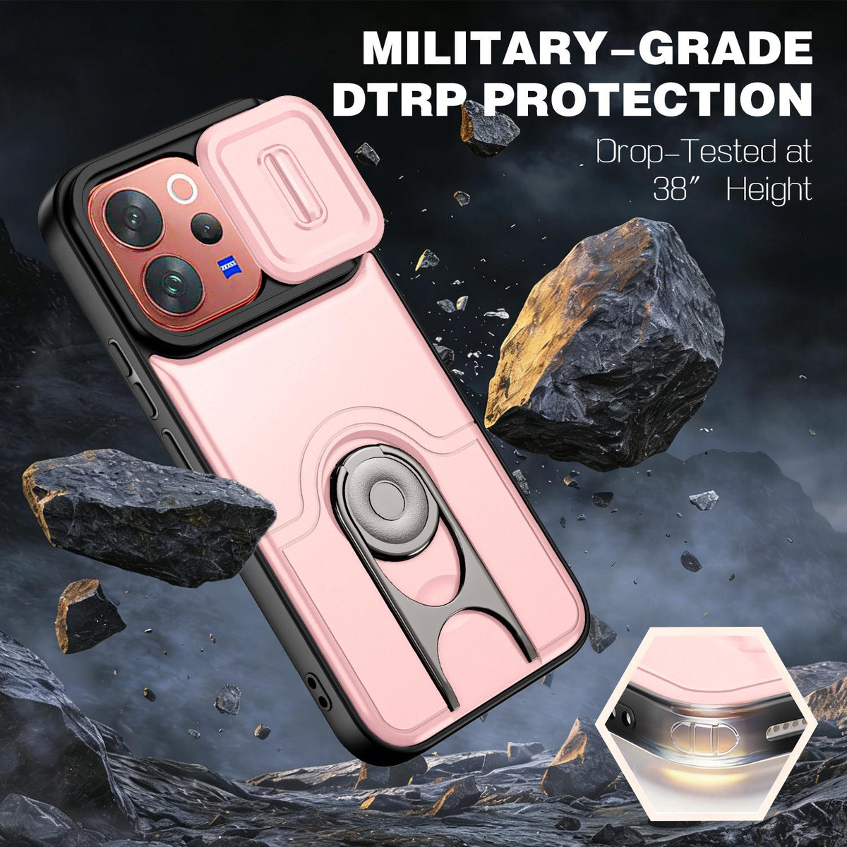 For vivo V70 5G / S50 5G Sliding Camera Cover 2 in 1 Rotating Holder Air Bag Shockproof Phone Case - Pink - EDA009752601E