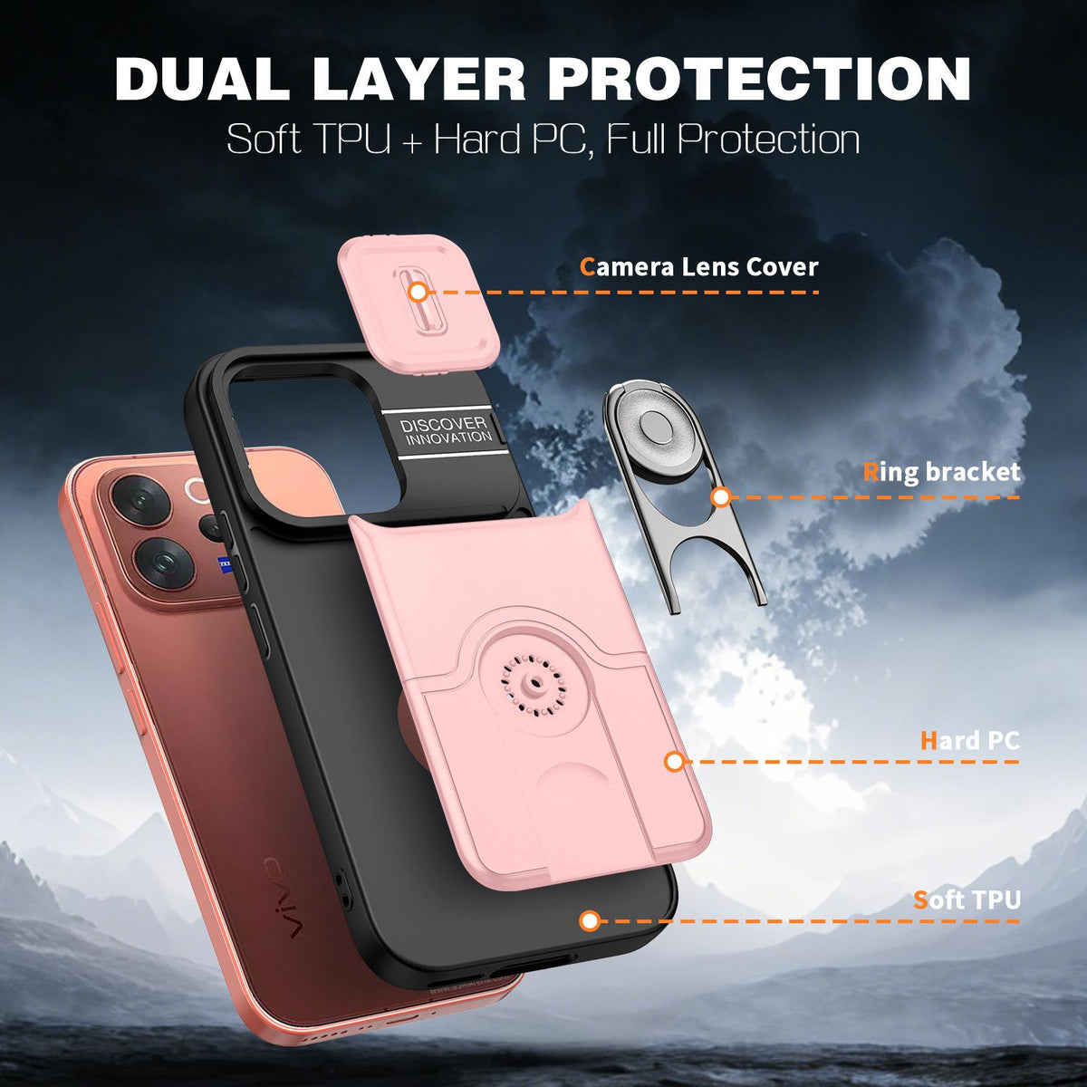 For vivo V70 5G / S50 5G Sliding Camera Cover 2 in 1 Rotating Holder Air Bag Shockproof Phone Case - Pink - EDA009752601E