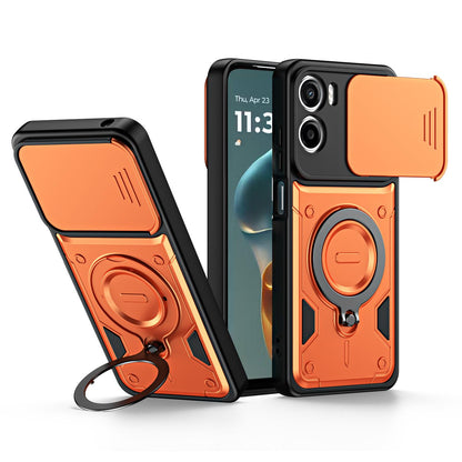 For Motorola Moto G05 / E15 Ring Holder Lens Slide Cover Phone Case - Orange - EDA009752809A