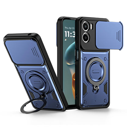 For Motorola Moto G05 / E15 Ring Holder Lens Slide Cover Phone Case - Blue - EDA009752809B