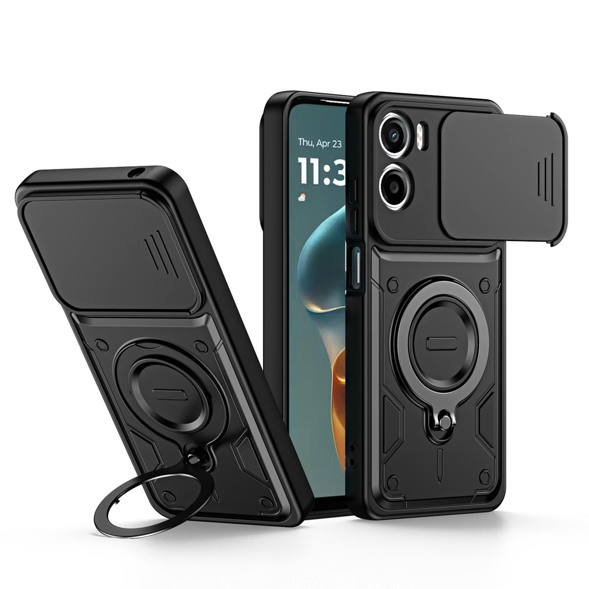 For Motorola Moto G05 / E15 Ring Holder Lens Slide Cover Phone Case - Black - EDA009752809C