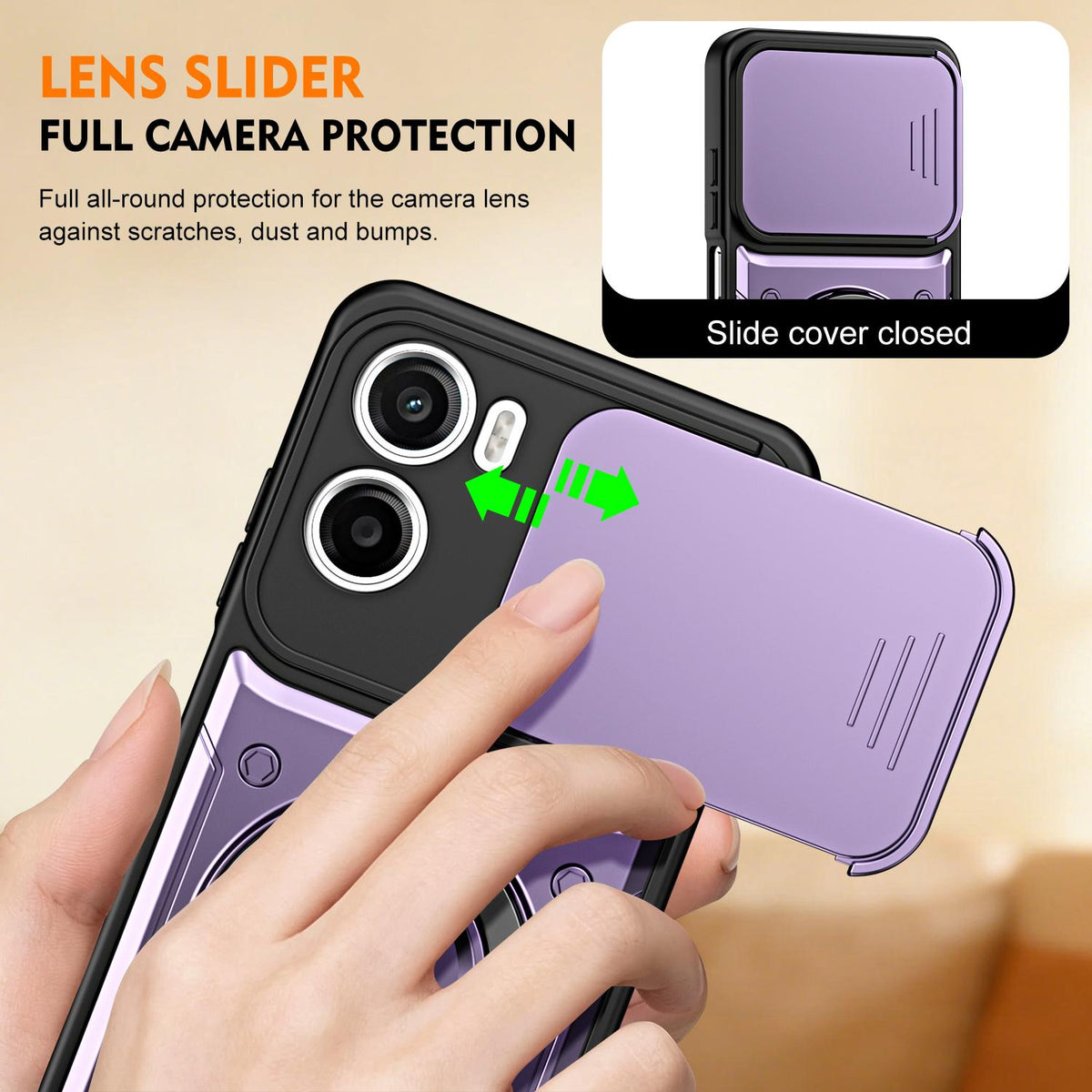 For Motorola Moto G05 / E15 Ring Holder Lens Slide Cover Phone Case - Black - EDA009752809C