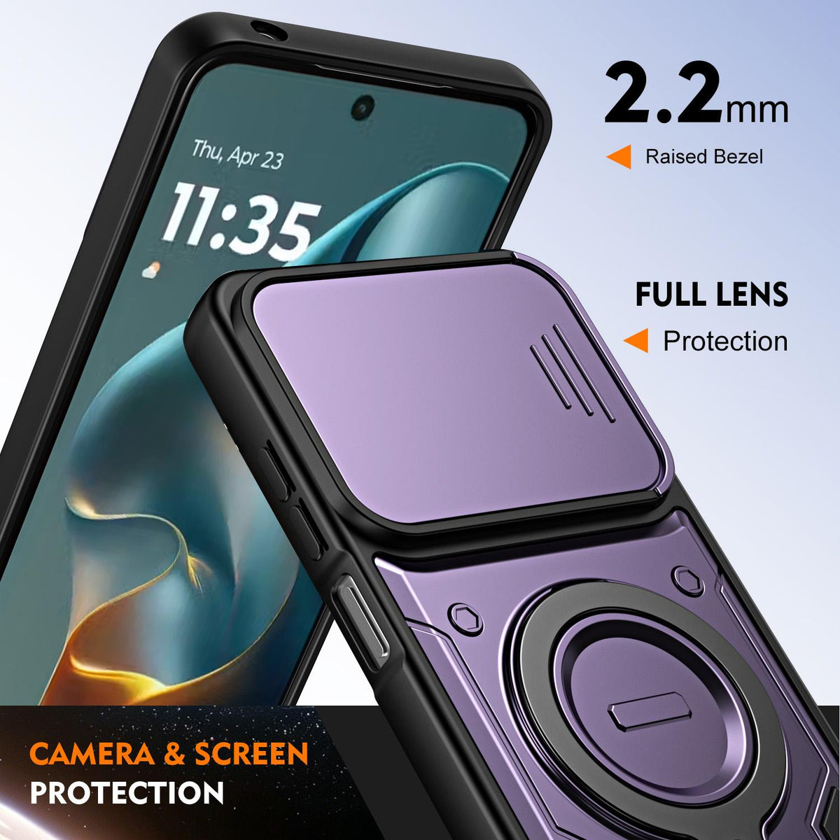 For Motorola Moto G05 / E15 Ring Holder Lens Slide Cover Phone Case - Black - EDA009752809C