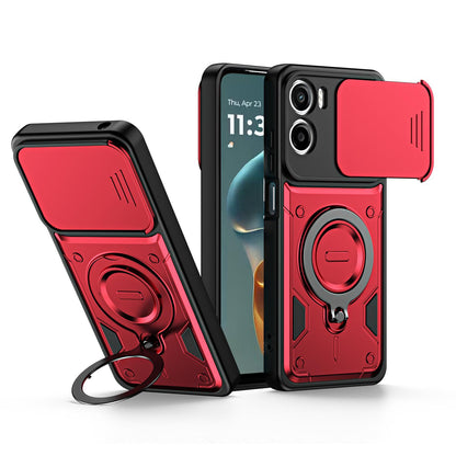 For Motorola Moto G05 / E15 Ring Holder Lens Slide Cover Phone Case - Red - EDA009752809D