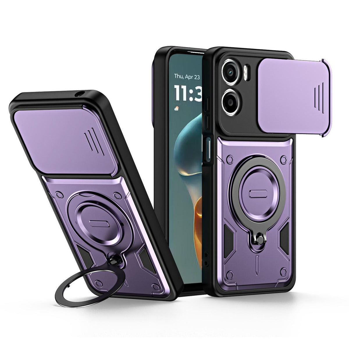 For Motorola Moto G05 / E15 Ring Holder Lens Slide Cover Phone Case - Purple - EDA009752809E