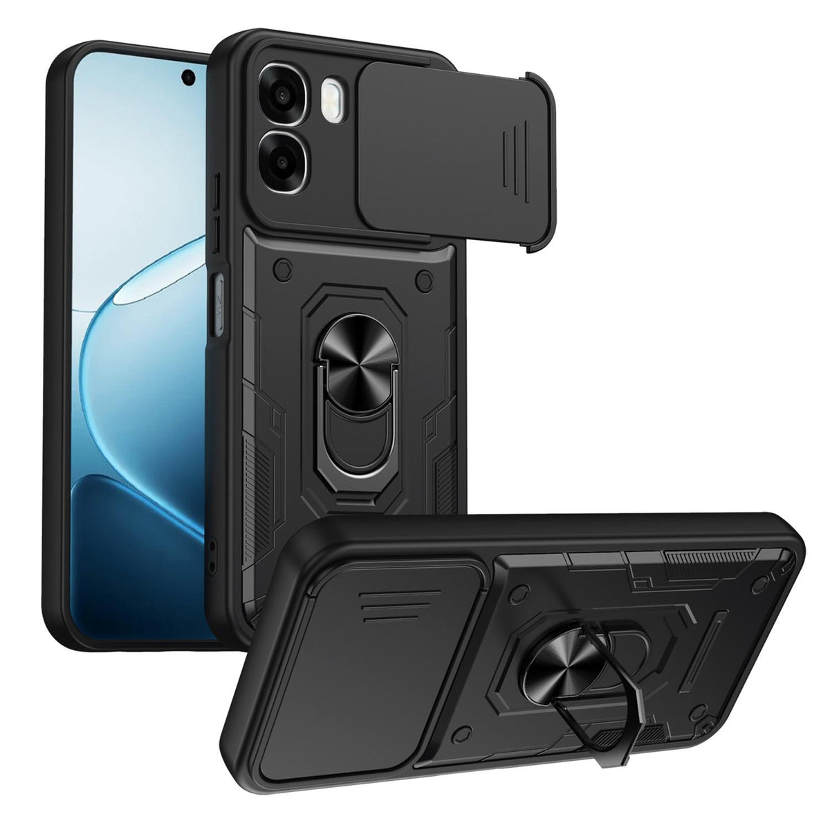 For OPPO A6 / A6x Global Nanshan Armor Sliding Camshield Ring Holder Phone Case - Black - EDA009753001C