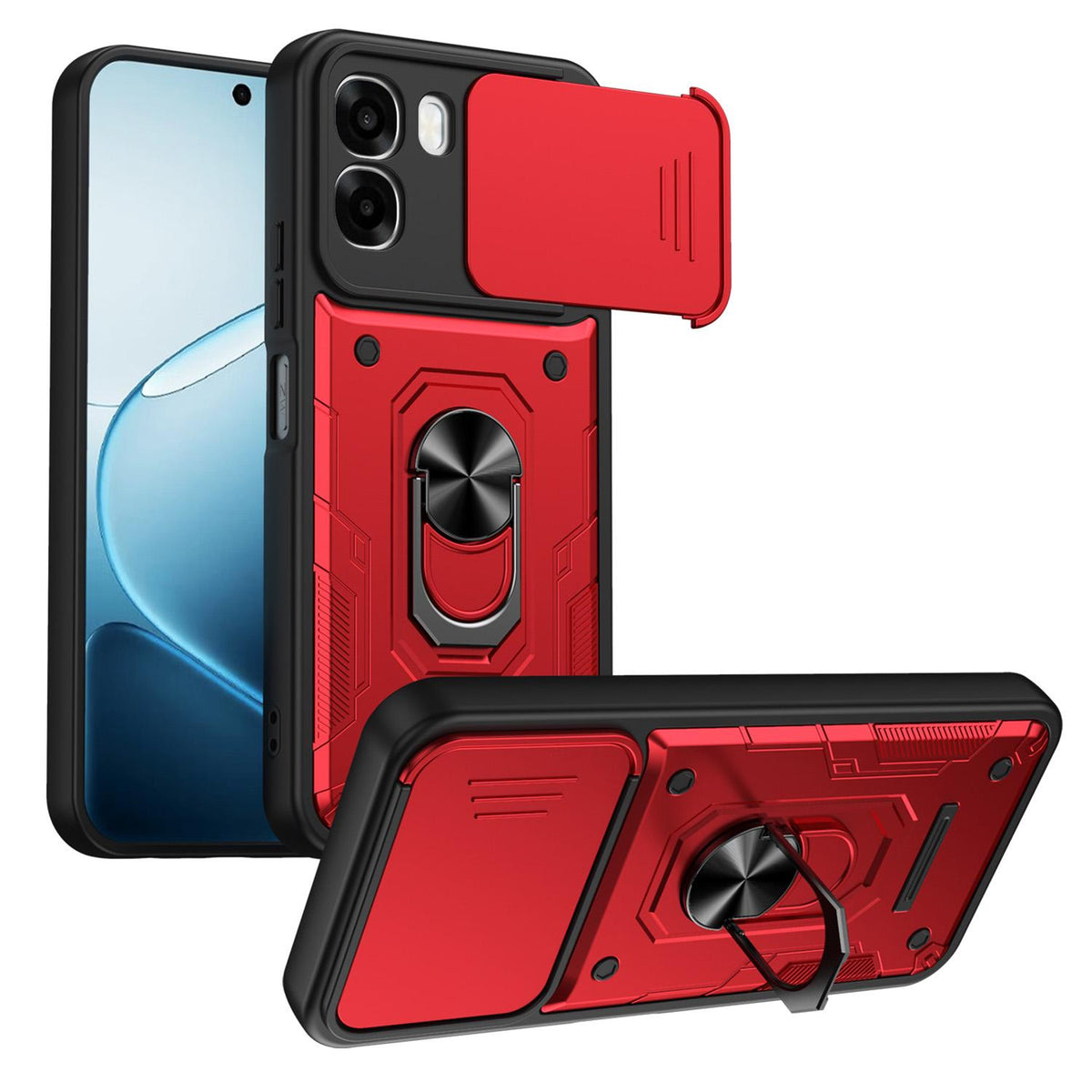 For OPPO A6 / A6x Global Nanshan Armor Sliding Camshield Ring Holder Phone Case - Red - EDA009753001D