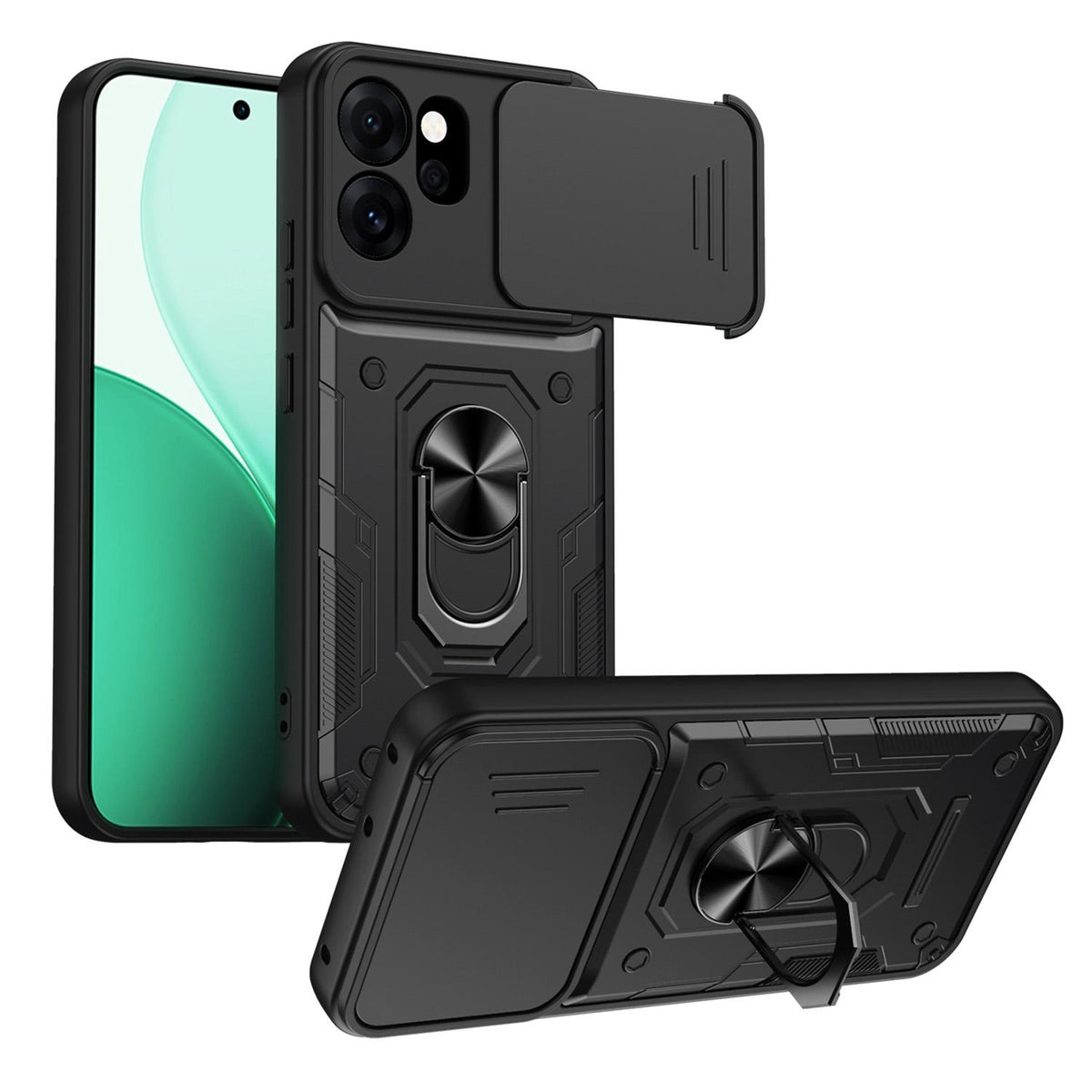 For OPPO Reno15 F / Reno14 F Nanshan Armor Sliding Camshield Ring Holder Phone Case - Black - EDA009753002C