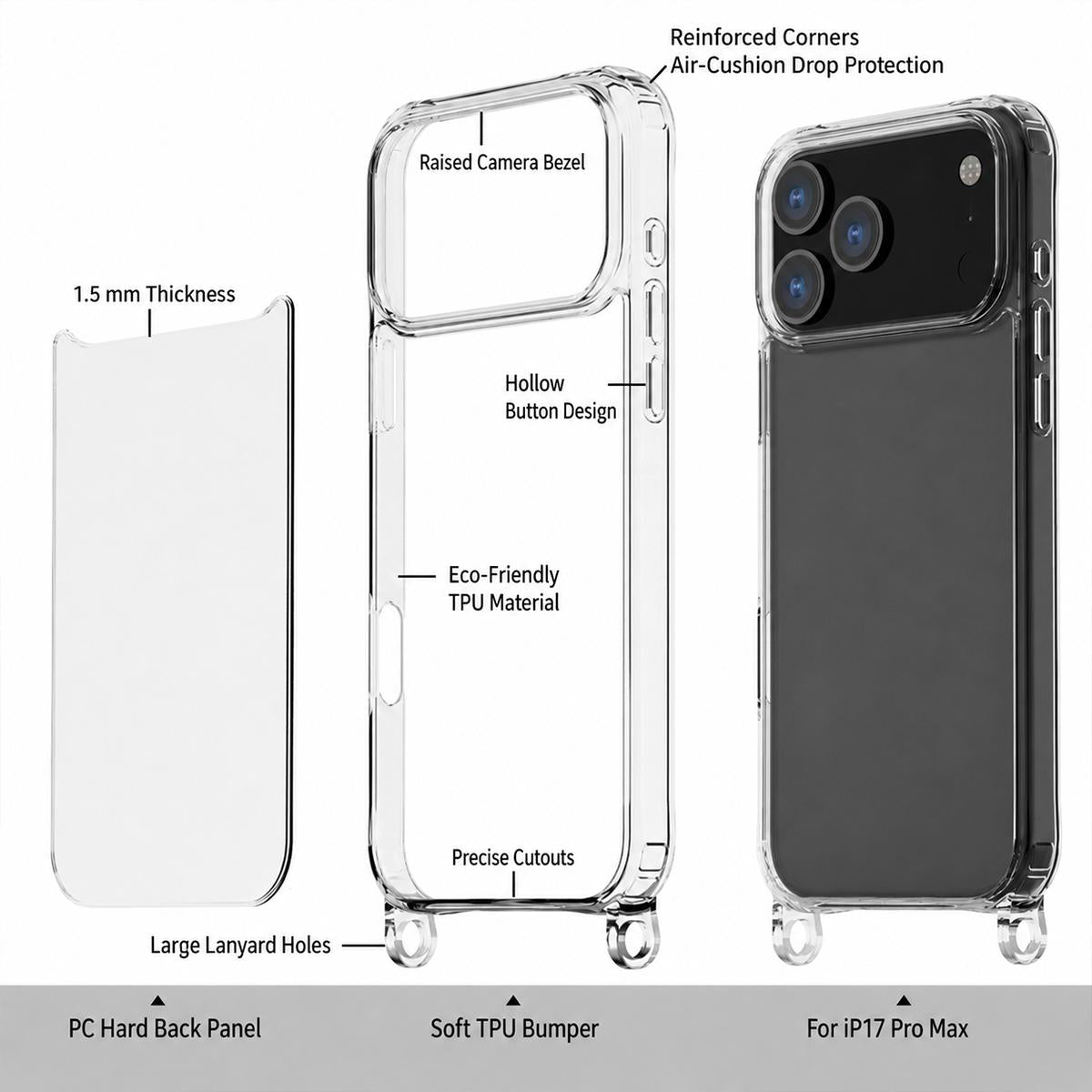 For iPhone 12 Pro Max Clear Acrylic Airbag Phone Case with Lanyard Holes - Transparent - EDA009757723A