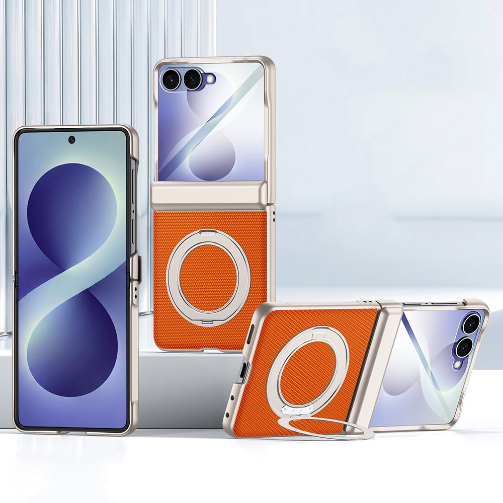 For Galaxy Z Flip8 5G Spring Hinge Vegan Leather 360 Magnetic Holder Integrated Film Phone Case - Orange - EDA009759001A