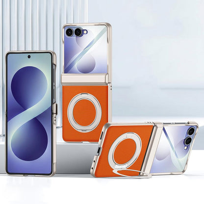 For Galaxy Z Flip8 5G Spring Hinge Vegan Leather 360 Magnetic Holder Integrated Film Phone Case - Orange - EDA009759001A