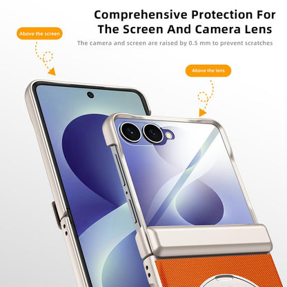 For Galaxy Z Flip8 5G Spring Hinge Vegan Leather 360 Magnetic Holder Integrated Film Phone Case - Orange - EDA009759001A