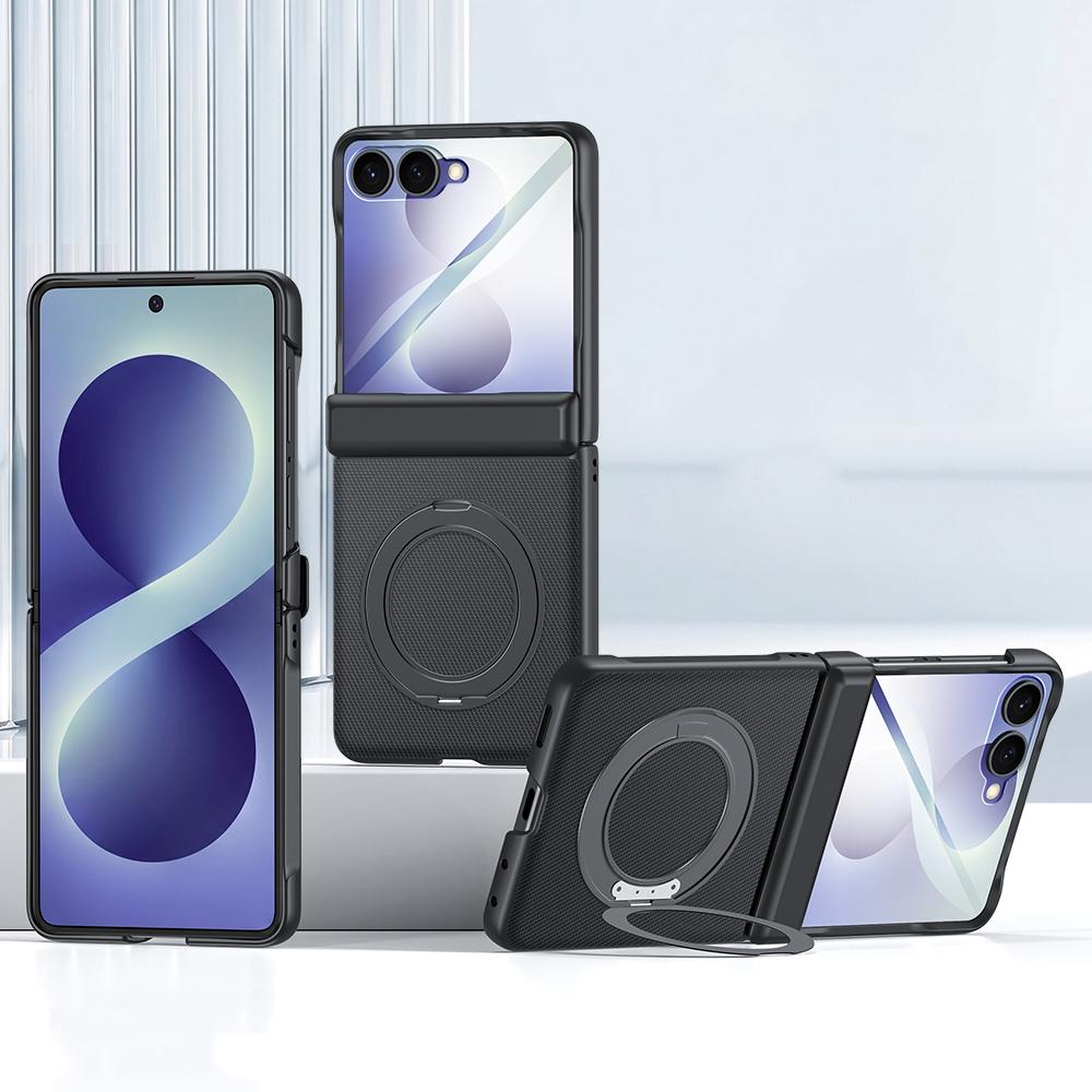 For Galaxy Z Flip8 5G Spring Hinge Vegan Leather 360 Magnetic Holder Integrated Film Phone Case - Black - EDA009759001B