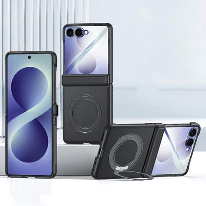 For Galaxy Z Flip8 5G Spring Hinge Vegan Leather 360 Magnetic Holder Integrated Film Phone Case - Black - EDA009759001B