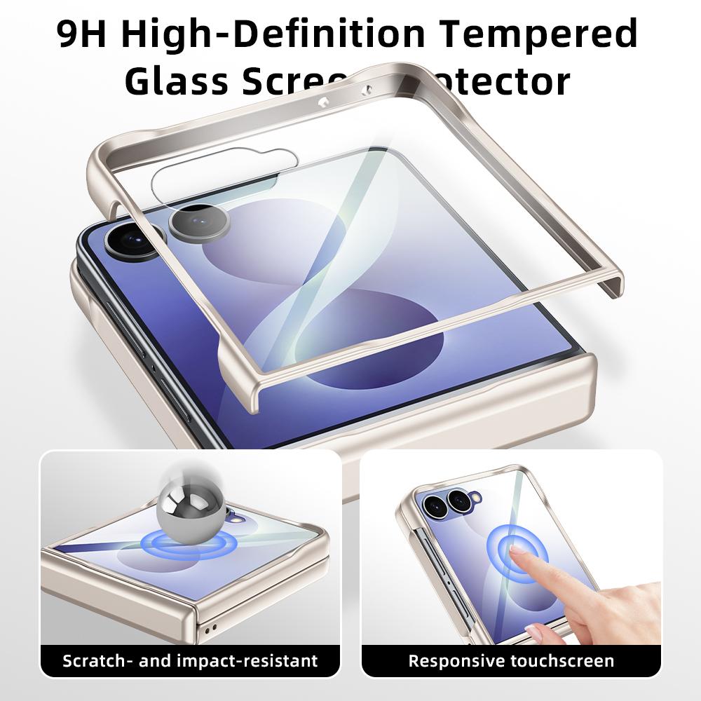 For Galaxy Z Flip8 5G Spring Hinge Vegan Leather 360 Magnetic Holder Integrated Film Phone Case - Black - EDA009759001B