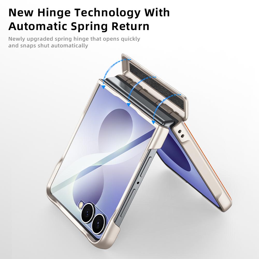 For Galaxy Z Flip8 5G Spring Hinge Vegan Leather 360 Magnetic Holder Integrated Film Phone Case - Black - EDA009759001B