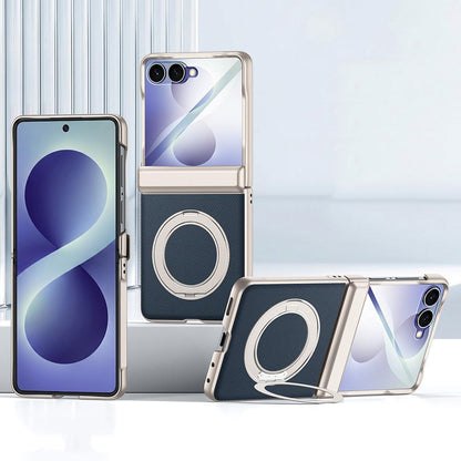 For Galaxy Z Flip8 5G Spring Hinge Vegan Leather 360 Magnetic Holder Integrated Film Phone Case - Blue - EDA009759001C
