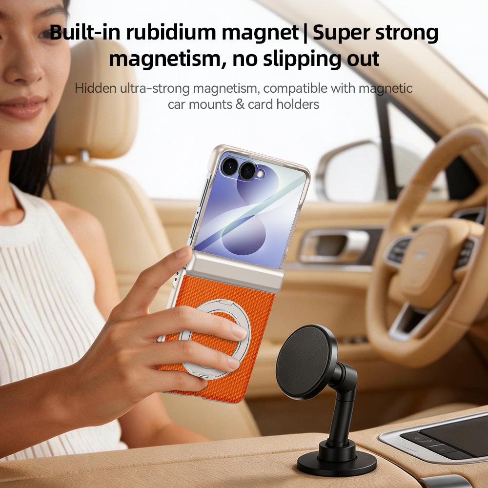 For Galaxy Z Flip8 5G Spring Hinge Vegan Leather 360 Magnetic Holder Integrated Film Phone Case - Blue - EDA009759001C