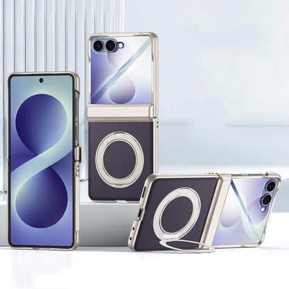 For Galaxy Z Flip8 5G Spring Hinge Vegan Leather 360 Magnetic Holder Integrated Film Phone Case - Purple - EDA009759001D