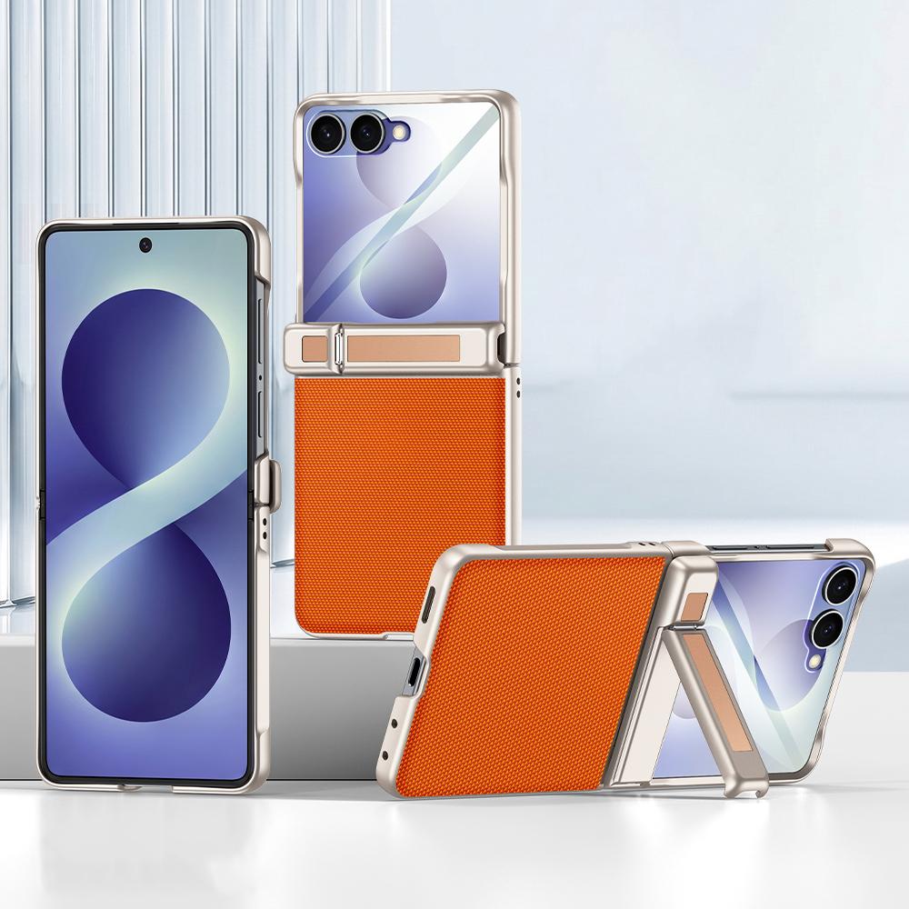 For Galaxy Z Flip8 5G Spring Hinge Holder Vegan Leather Integrated Film Phone Case - Orange - EDA009759201A