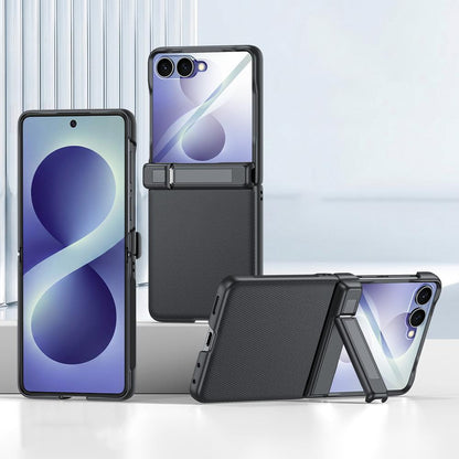 For Galaxy Z Flip8 5G Spring Hinge Holder Vegan Leather Integrated Film Phone Case - Black - EDA009759201B