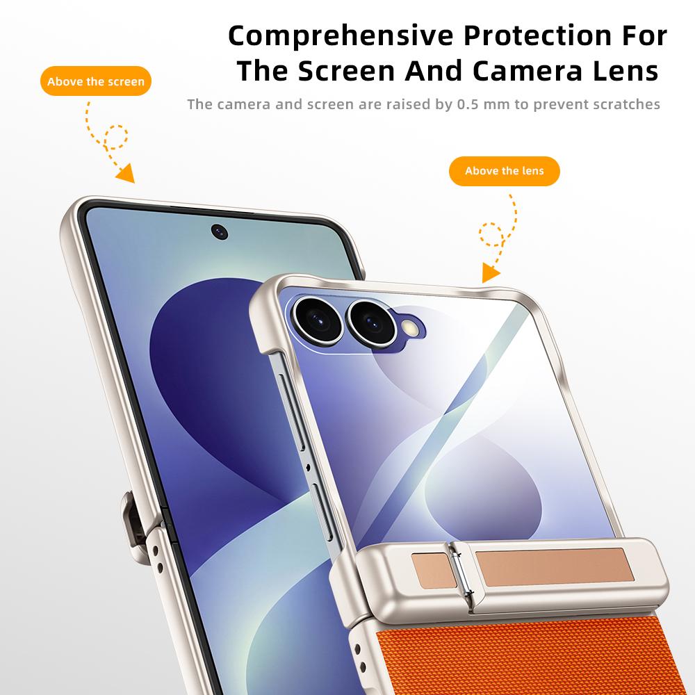 For Galaxy Z Flip8 5G Spring Hinge Holder Vegan Leather Integrated Film Phone Case - Black - EDA009759201B