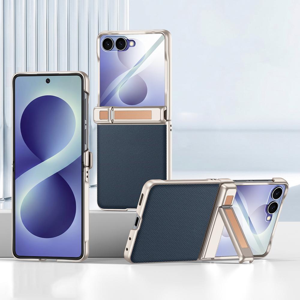For Galaxy Z Flip8 5G Spring Hinge Holder Vegan Leather Integrated Film Phone Case - Blue - EDA009759201C