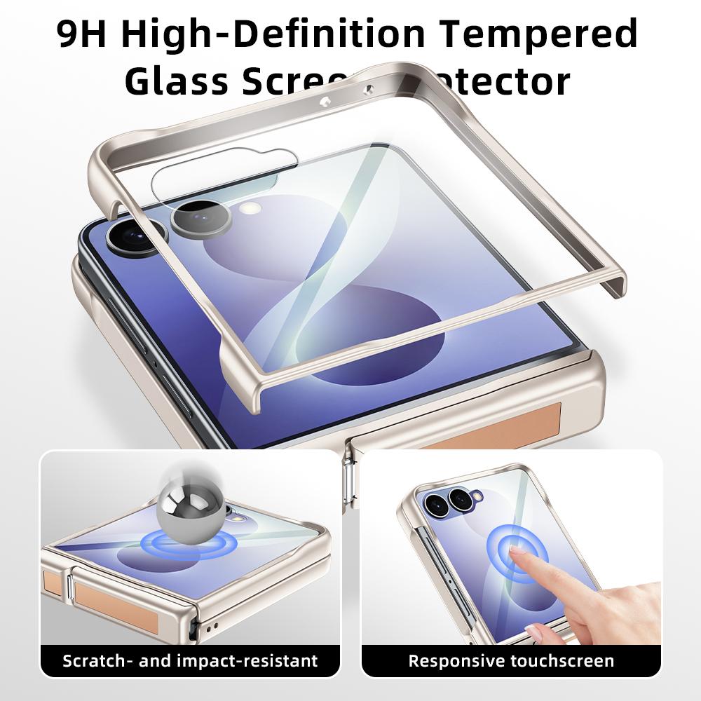 For Galaxy Z Flip8 5G Spring Hinge Holder Vegan Leather Integrated Film Phone Case - Blue - EDA009759201C