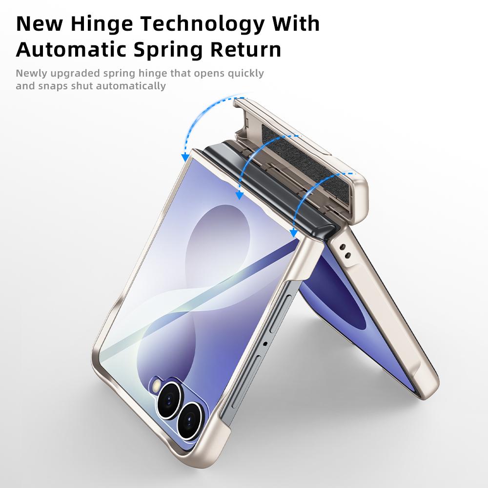 For Galaxy Z Flip8 5G Spring Hinge Holder Vegan Leather Integrated Film Phone Case - Blue - EDA009759201C