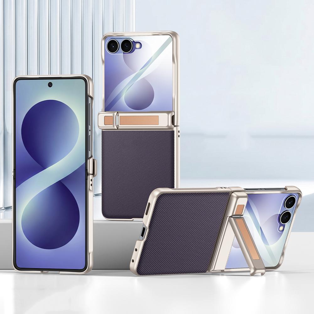 For Galaxy Z Flip8 5G Spring Hinge Holder Vegan Leather Integrated Film Phone Case - Purple - EDA009759201D