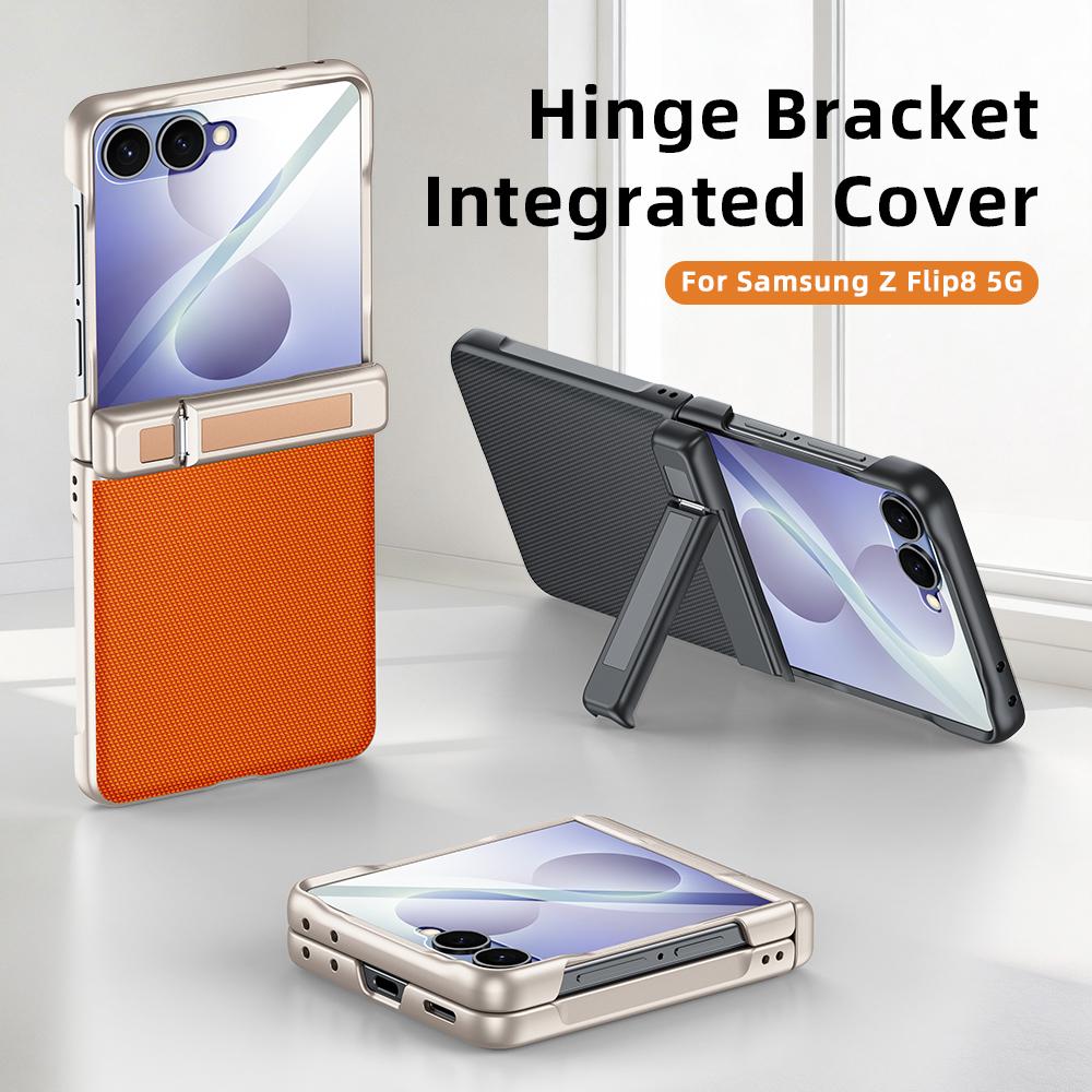 For Galaxy Z Flip8 5G Spring Hinge Holder Vegan Leather Integrated Film Phone Case - Purple - EDA009759201D