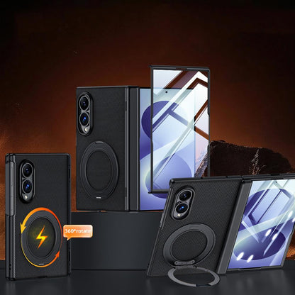 For Galaxy Z Fold8 5G Spring Hinge Vegan Leather 360 Magnetic Holder Integrated Film Phone Case - Black - EDA009759401A