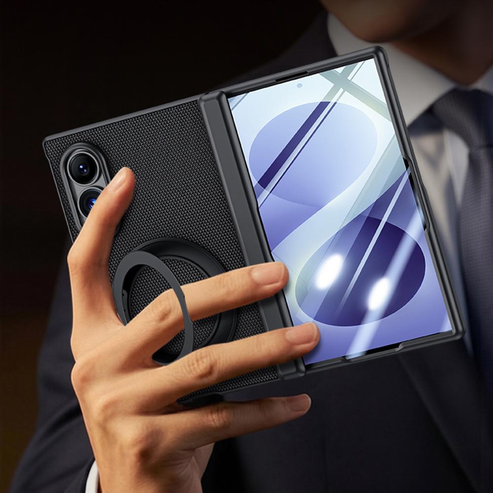 For Galaxy Z Fold8 5G Spring Hinge Vegan Leather 360 Magnetic Holder Integrated Film Phone Case - Black - EDA009759401A
