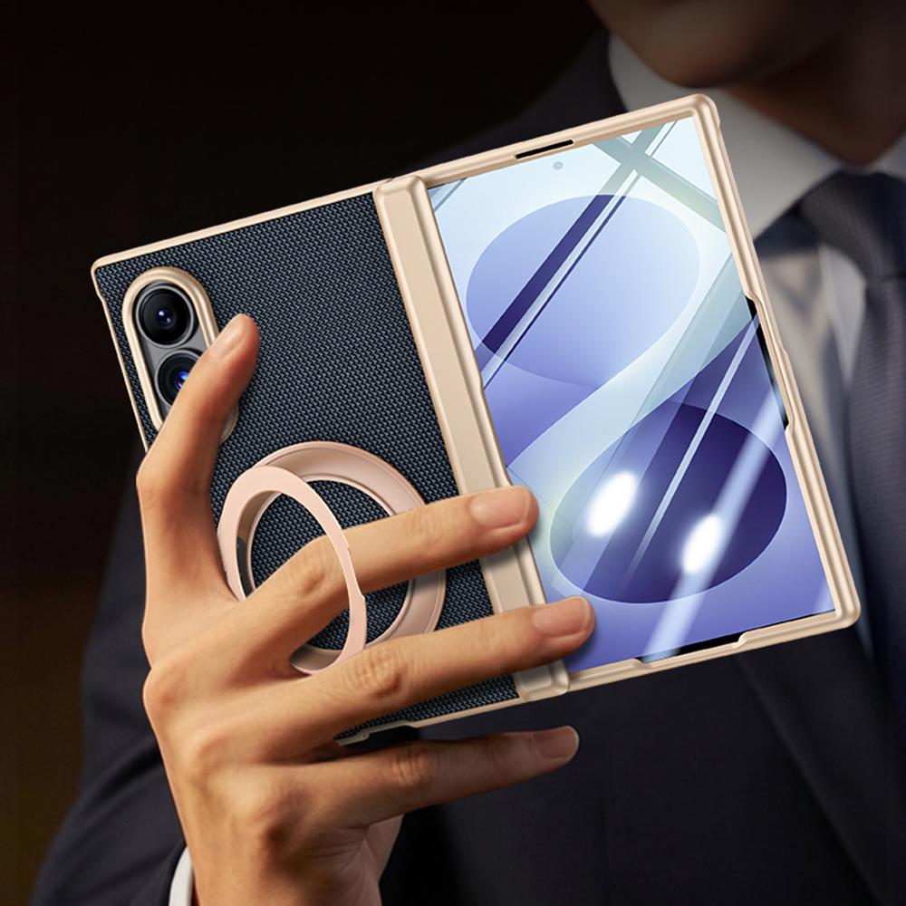 For Galaxy Z Fold8 5G Spring Hinge Vegan Leather 360 Magnetic Holder Integrated Film Phone Case - Blue - EDA009759401B