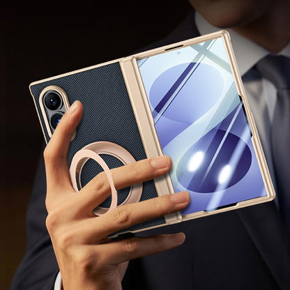 For Galaxy Z Fold8 5G Spring Hinge Vegan Leather 360 Magnetic Holder Integrated Film Phone Case - Blue - EDA009759401B