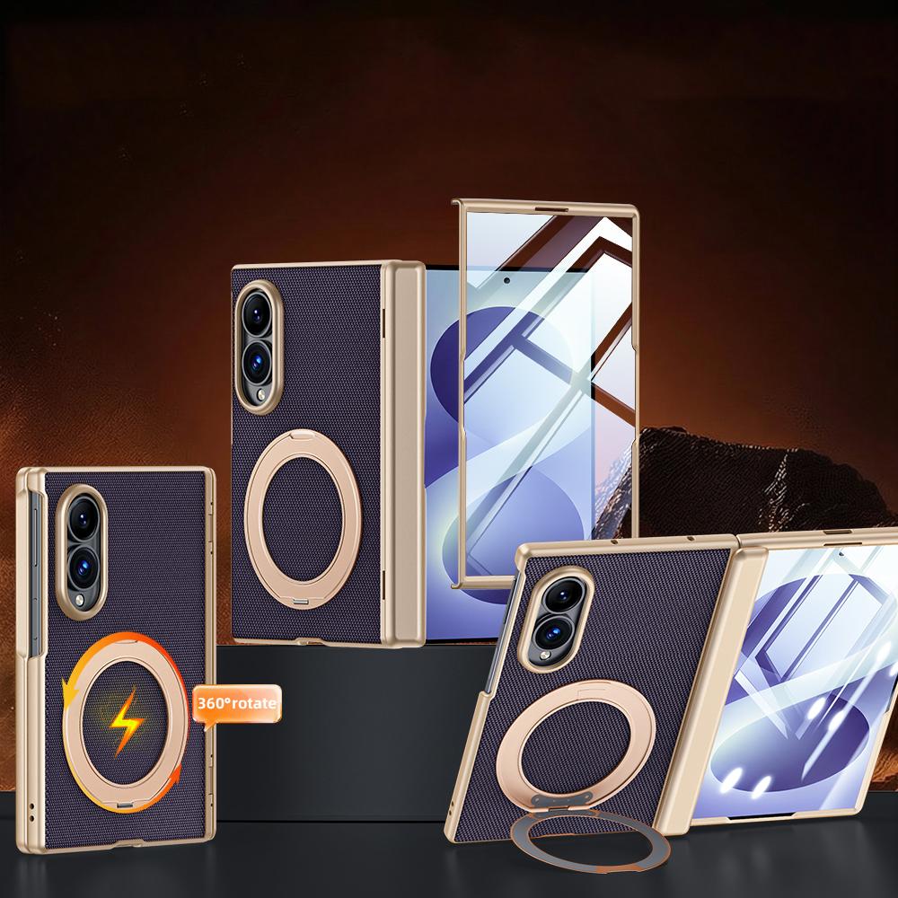 For Galaxy Z Fold8 5G Spring Hinge Vegan Leather 360 Magnetic Holder Integrated Film Phone Case - Purple - EDA009759401C