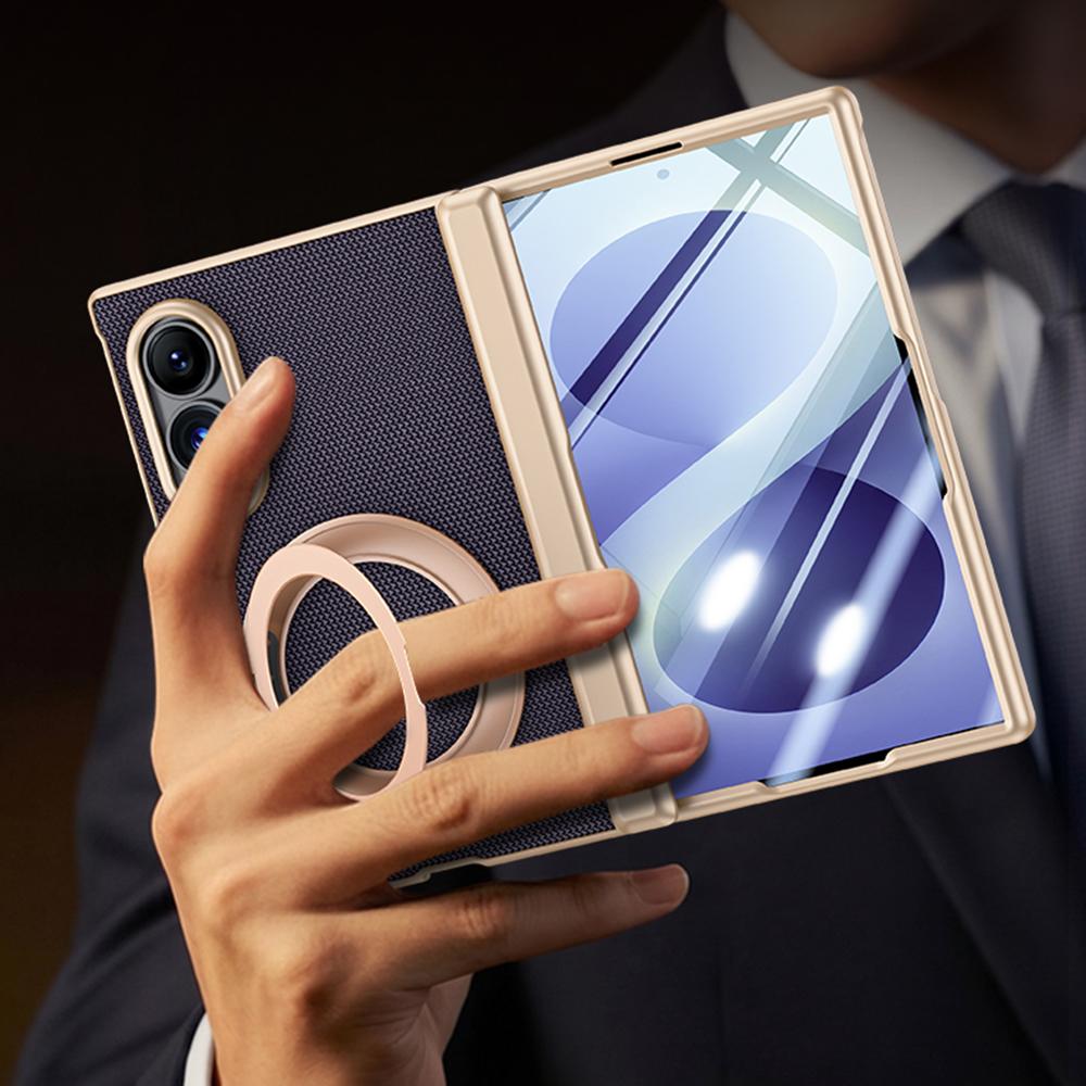 For Galaxy Z Fold8 5G Spring Hinge Vegan Leather 360 Magnetic Holder Integrated Film Phone Case - Purple - EDA009759401C