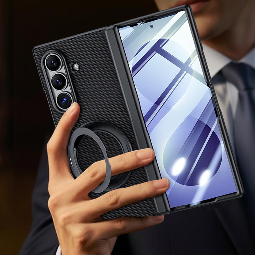 For Galaxy Z Fold8 Ultra 5G Spring Hinge Vegan Leather 360 Magnetic Holder Integrated Film Phone Case - Black - EDA009759402A