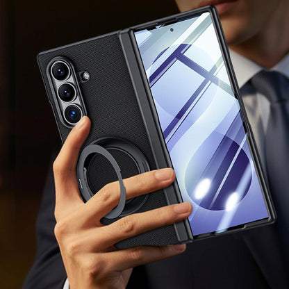 For Galaxy Z Fold8 Ultra 5G Spring Hinge Vegan Leather 360 Magnetic Holder Integrated Film Phone Case - Black - EDA009759402A