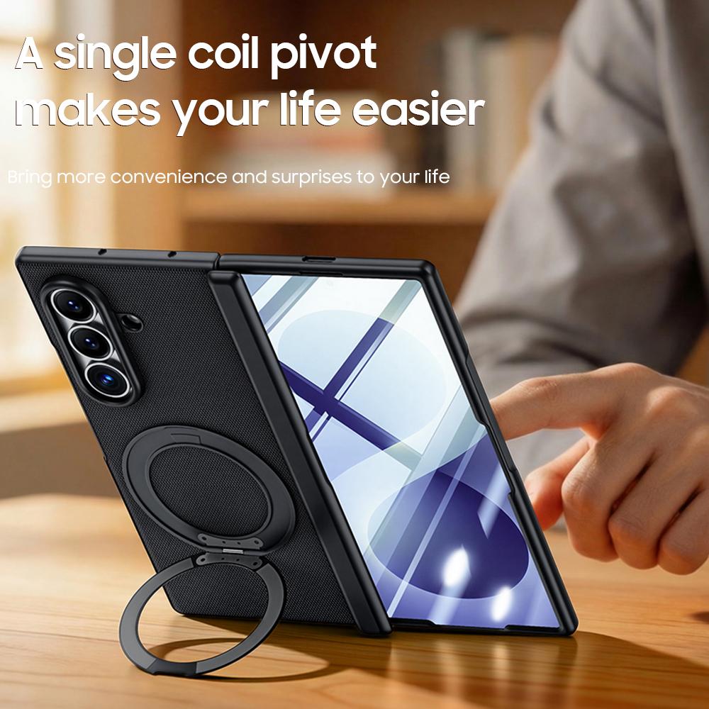 For Galaxy Z Fold8 Ultra 5G Spring Hinge Vegan Leather 360 Magnetic Holder Integrated Film Phone Case - Black - EDA009759402A