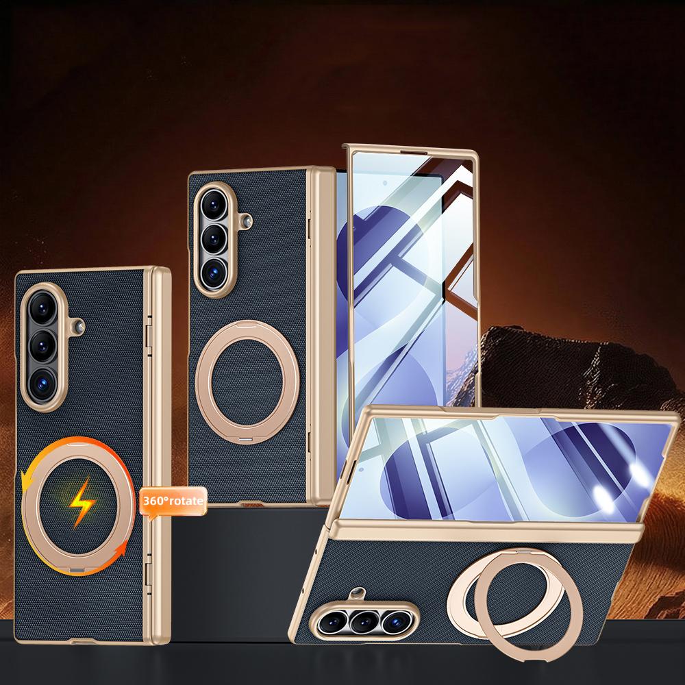 For Galaxy Z Fold8 Ultra 5G Spring Hinge Vegan Leather 360 Magnetic Holder Integrated Film Phone Case - Blue - EDA009759402B