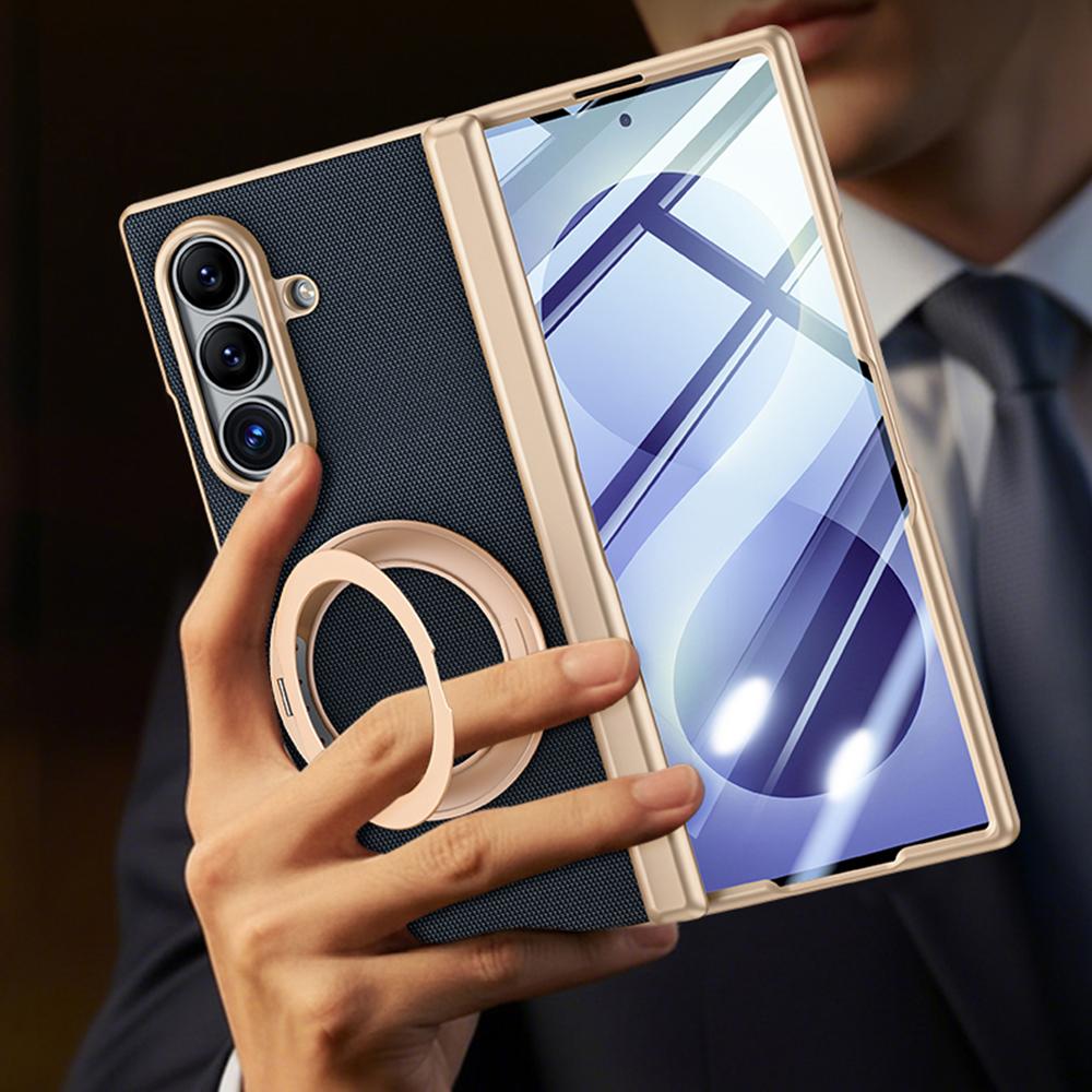 For Galaxy Z Fold8 Ultra 5G Spring Hinge Vegan Leather 360 Magnetic Holder Integrated Film Phone Case - Blue - EDA009759402B