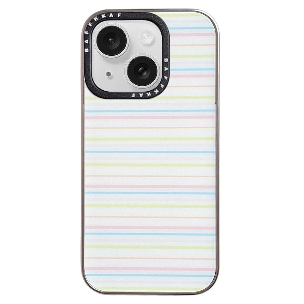For iPhone 15 BAFFKKAF Electroplated Frame Glass Back Panel Phone Case - Colorful Stripes - EDA009761801A